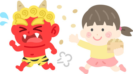 赤鬼を対峙する、女の子のアイコンのイラスト