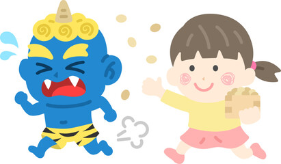 青鬼を対峙する、女の子のアイコンのイラスト