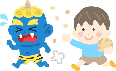 青鬼を対峙する、男の子のアイコンのイラスト