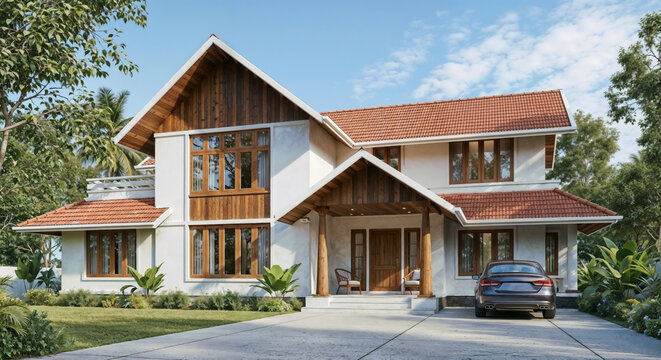Modern villa with tropical landscaping and pitched red roof