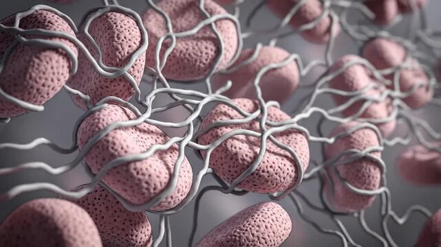 Detailed 3D animation of red blood cells and fibrin forming a blood clot. Visualizing the complex process of hemostasis.