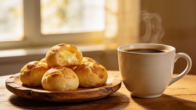 Delicious Brazilian Cheese Bread Pao de Queijo with Hot Coffee on a Wooden Table.