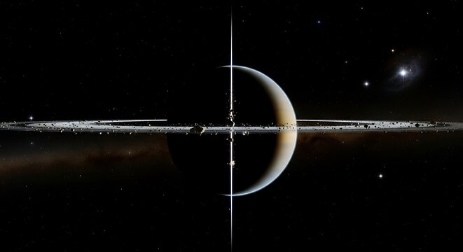 Ringed planet with asteroid belt and distant galaxy in deep space ring system d