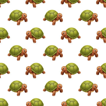 Seamless pattern with cute 3D cartoon tortoises on transparent background, playful reptile design for textiles