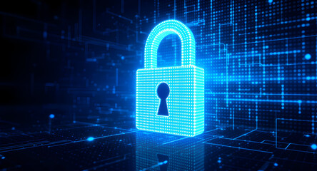 Isometric blue neon padlock standing on digital data grid symbolizing secure internet connection and firewall protection