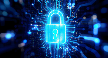 Glowing blue digital padlock secured on abstract circuit board background symbolizing advanced cybersecurity and network data encryption