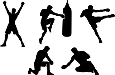 silhouette thai boxing postures muay thai poses in black shape monochrome graphic element-01
