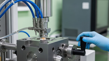 Precision plastic injection molding machine operated by technician in protective gloves adjusting control lever near metal mold with blue pneumatic tubes in modern industrial workshop