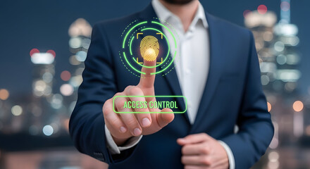 Corporate professional presses glowing biometric fingerprint button symbolizing digital access control and advanced cybersecurity technology