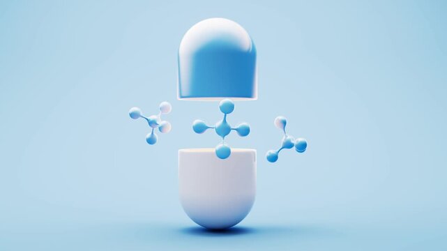 A pill capsule opening to reveal a dynamic animation of molecules, symbolizing health, medicine, and scientific innovation