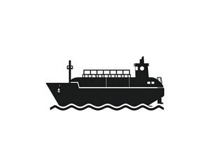 Obraz premium Black silhouette of a ship sailing on wavy water against a white background. Shows the side profile of the vessel
