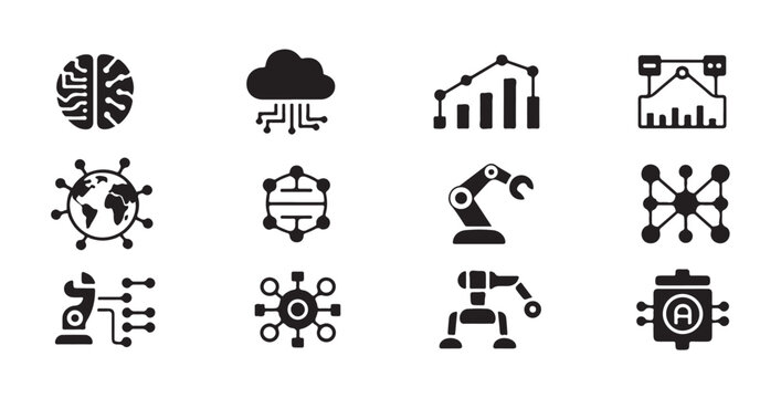 Global network and robotics icons showing artificial brain earth connection and machine arm