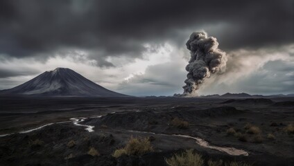 Volcanic eruption, dark landscape, dramatic clouds
