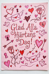 Glad Alla Hj&auml;rtans Dag &ndash; Swedish Valentine greeting card with playful hand-drawn doodles and pink romantic theme