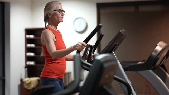 Mature woman engages in regular exercise on an elliptical trainer at the gym to improve fitness and build strength