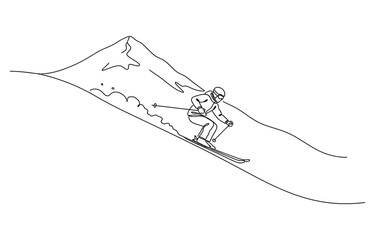 Man skiing down the mountain one line art. Continuous line drawing sport, Man skiing down the mountain.