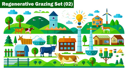 Obraz premium Regenerative grazing farming icons featuring cattle structures and renewable energy vector illustration.