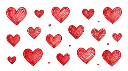 Hand-drawn red hearts on a white background
