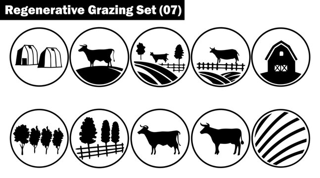 Regenerative grazing set. Black silhouette icons for sustainable ranching vector illustration.