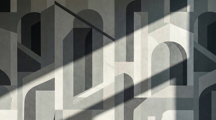 Monochromatic Abstract Architectural Design with Geometric Arches and Dramatic Light Shadow Play