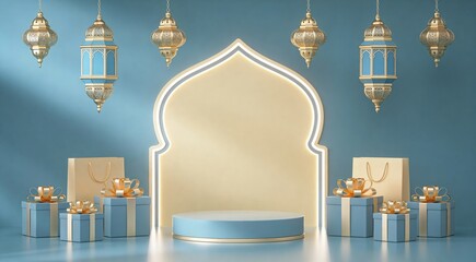 Elegant Islamic Ramadan Kareem background with podium, lanterns, and gifts for product display.