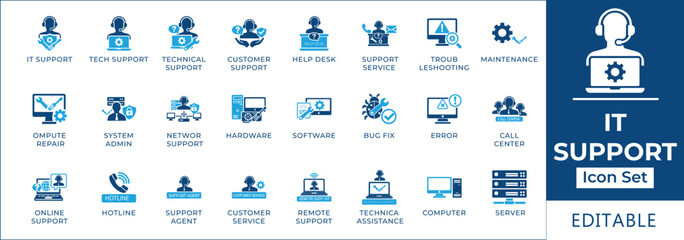 IT support and technical assistance icon set featuring help desk, computer repair, system admin, network support, hardware maintenance, bug fix, and remote assistance symbols.