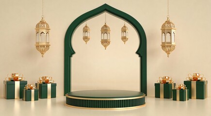 Islamic Ramadan Kareem background with arch, lanterns, and gift boxes.