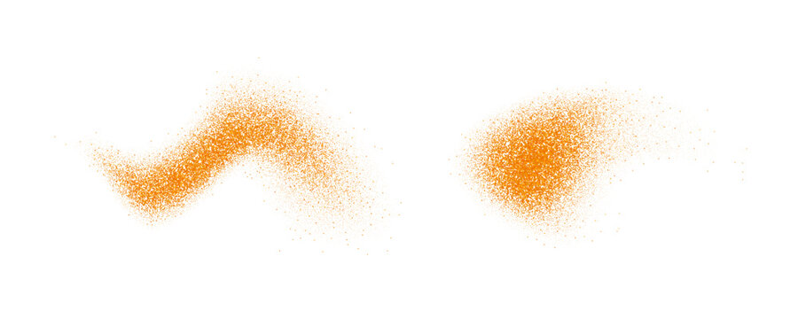 Orange spices powder splashes. Cumin and curry flakes scattered on surface. Flying masala seasoning particles burst. Dust sand and dirt textured piles. Dry spicy explosion. Vector illustration