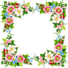 Floral frame with pink, white, and blue flowers, green leaves, and berries. Vector greeting or invitation card design