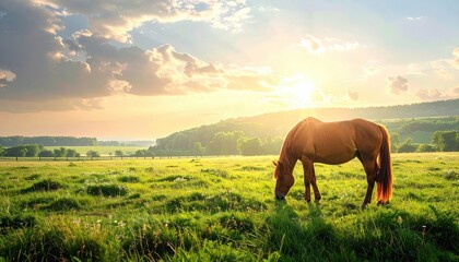 A serene scene of a horse grazing in a lush green meadow under a vibrant sunset sky, capturing the essence of peaceful countryside life.