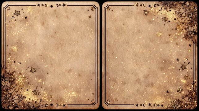 Magical journal page with blank gratitude and intention sections, stars and moons enchanted border on aged parchment for mystical writing and self reflection.