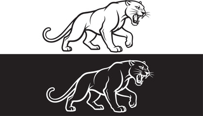 Obraz premium Roaring Black Panther Vector - Muscular Jaguar Stalking Silhouette Illustration B&W Mascot