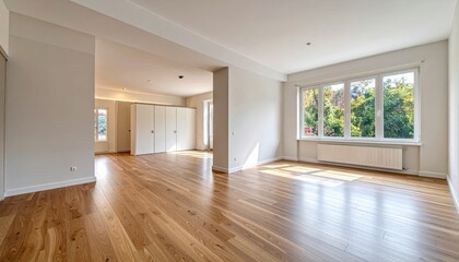 Fototapeta premium Sunlit modern living room featuring large windows, hardwood floors, and minimalist design in a bright, open space.