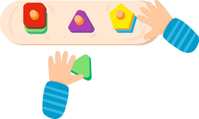 Toddler hands playing with wooden shape sorter toy, learning geometry and colors, early childhood education concept