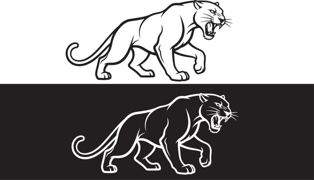 Roaring Black Panther Vector - Muscular Jaguar Stalking Silhouette Illustration B&W Mascot