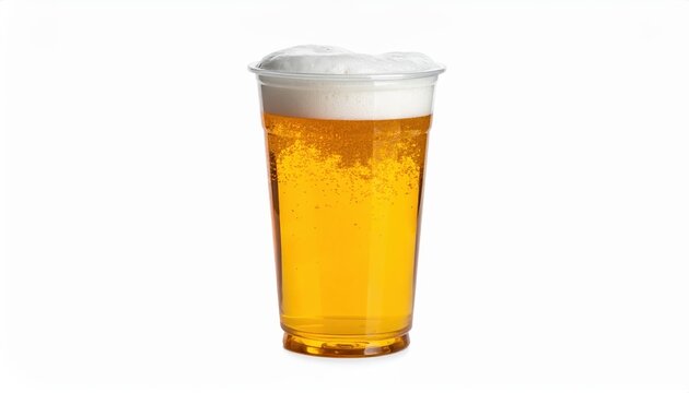 A clear plastic cup filled with cold, frothy beer, isolated on a white background, perfect for beverage and refreshment themes.