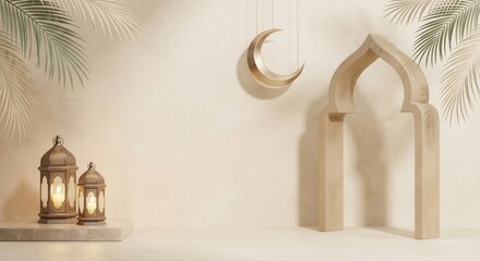 Ramadan Kareem Islamic greeting background with crescent moon and lanterns.