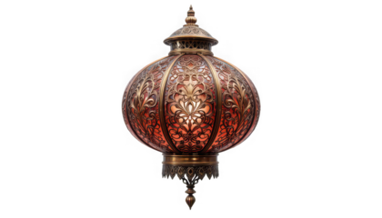 Intricately designed red and gold hanging lantern with floral patterns on white background