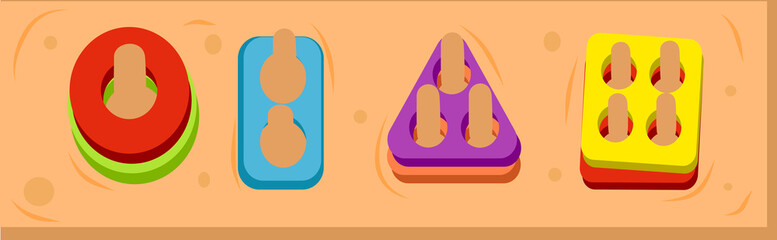 Colorful Educational Shape Sorter Toy Illustration. Vibrant geometric forms and peg pieces for early childhood learning and child development.