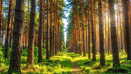 Obraz premium A tranquil forest scene featuring a sunlit path surrounded by tall pine trees and vibrant green foliage.