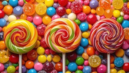Bright and colorful lollipops surrounded by assorted candies, creating a vibrant and cheerful confectionery scene.