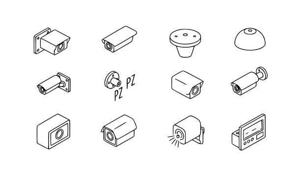 Isometric vector CCTV and surveillance camera icon set with wall, ceiling, and security system designs