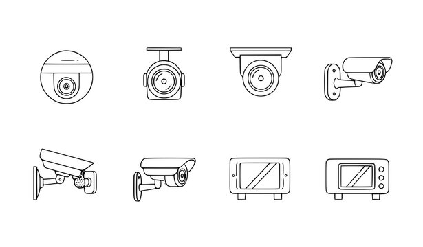 Thin line vector surveillance camera and CCTV icon set with wall, ceiling, and security system symbols
