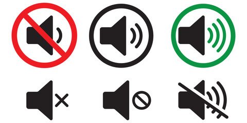 No speaker sound or keep silence red circle sign and green allowed vector icons, featuring mute and unmute volume button symbols, volume allow and prohibit signs