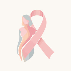 Pink Ribbon With Abstract Woman Silhouette - Breast Cancer Awareness Symbol