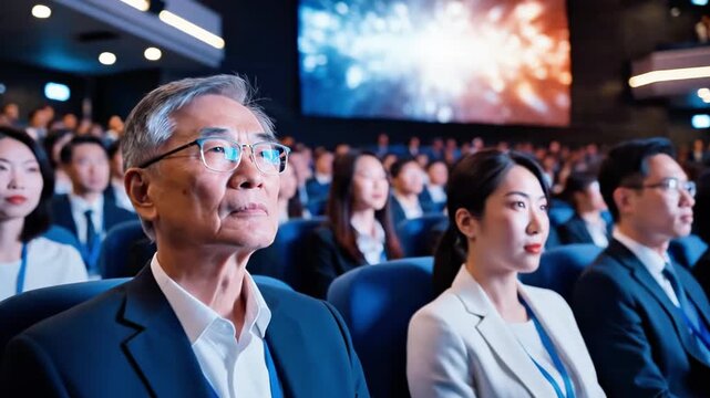 A large audience of formally dressed individuals attentively listening in a conference setting with a large screen displaying vibrant visuals behind them