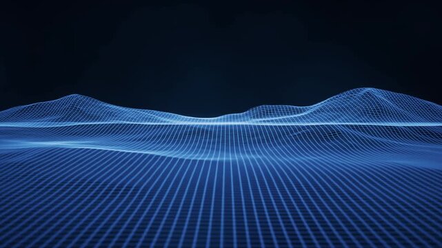Abstract blue wireframe landscape moving through digital cyberspace with glowing grid terrain and topographic waves