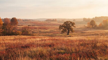 Autumn Meadow Landscape With Golden Light And Large Oak Tree