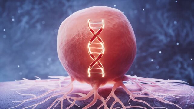 Cancer cell with dna helix representing genetic mutation and disease