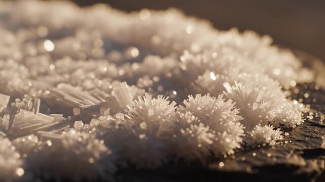 Close-up shot of white crystalline structures with varied shapes and sizes on a dark surface with warm lighting.